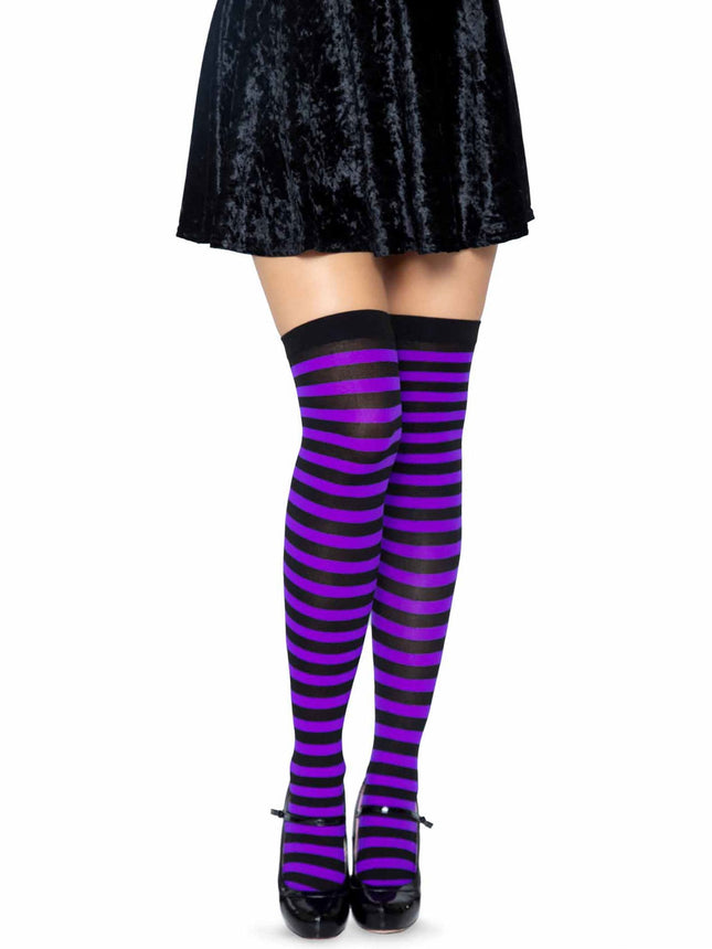 Nylon Striped Thigh Highs - Blk/Purple - O/S
