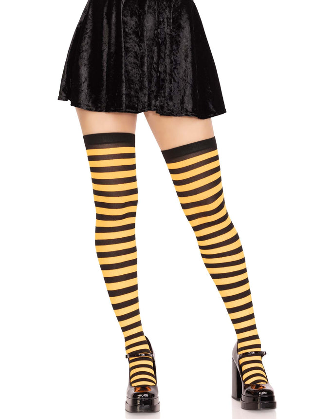 Nylon Striped Thigh Highs - Blk/Orange - O/S