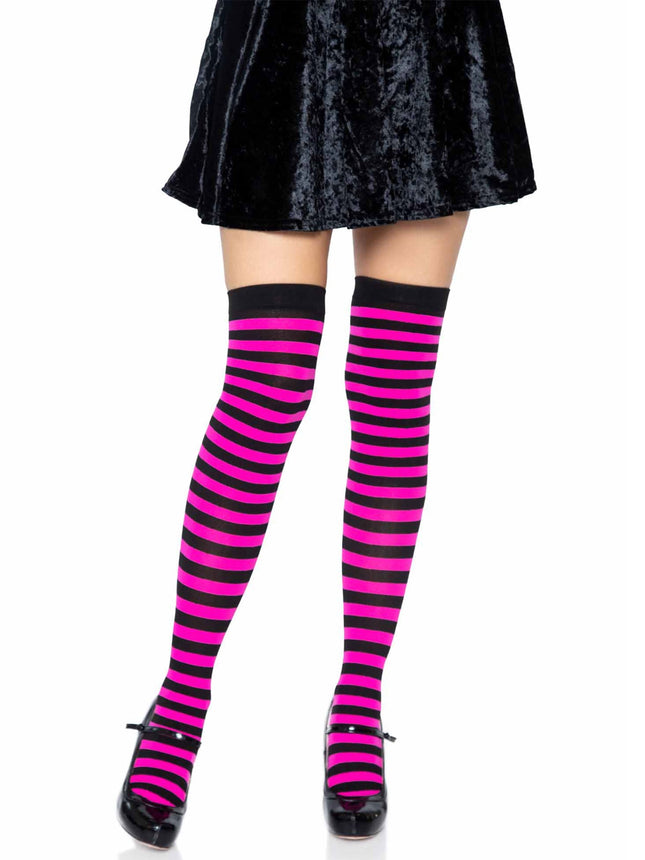Nylon Striped Thigh Highs - Blk/N.Pink - O/S
