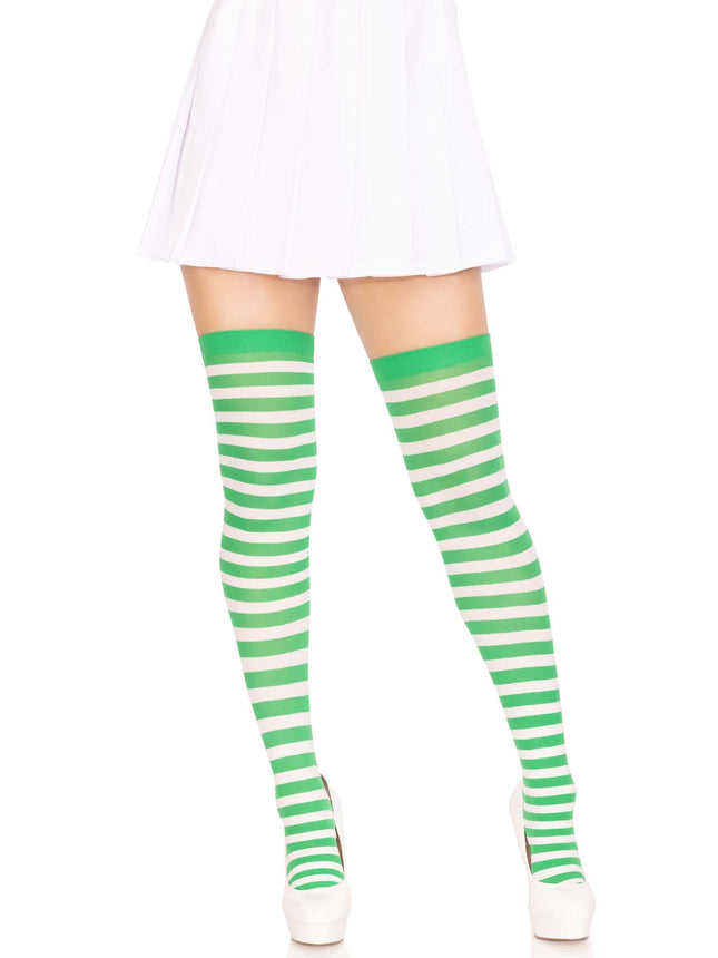 Nylon Striped Thigh Highs - Wht/Kelgr - O/S