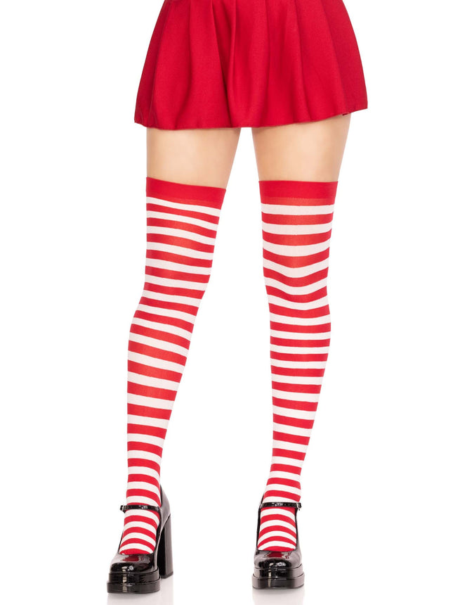 Nylon Striped Thigh Highs - White/Red - O/S