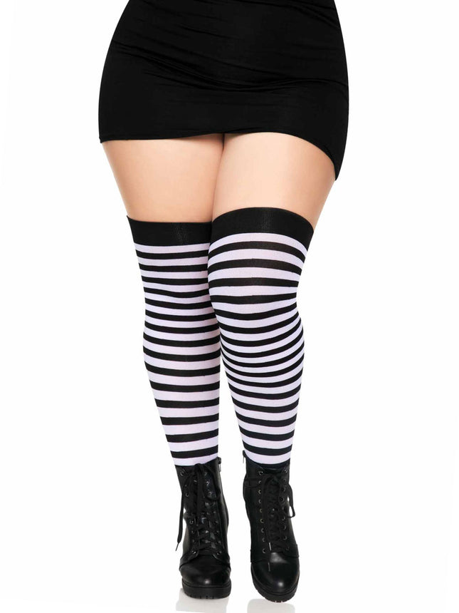 Plus Size Nylon Striped Thigh Highs - Blk/White - 1X-2X