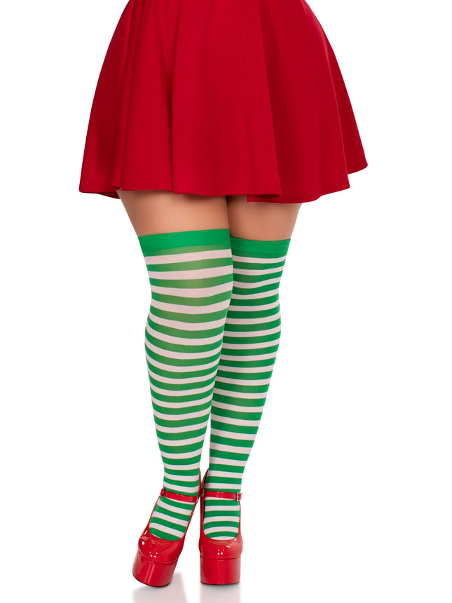 Plus Size Nylon Striped Thigh Highs - Wht/Kelgr - 1X-2X