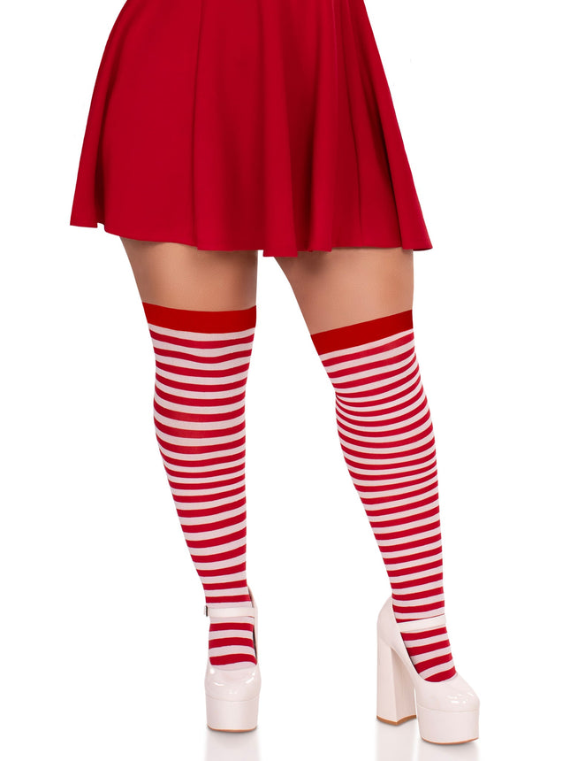 Plus Size Nylon Striped Thigh Highs - Wh/Rd - 1X-2X
