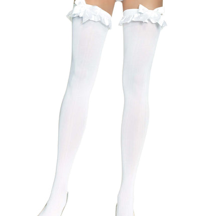 Bow Top Opaque Thigh Highs with Satin Ruffle Trim - White - O/S