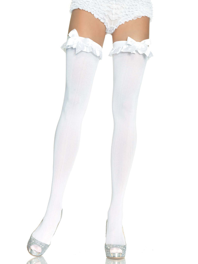 Bow Top Opaque Thigh Highs with Satin Ruffle Trim - White - O/S