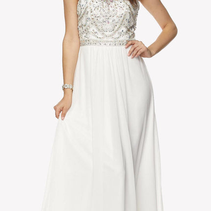 Juliet 609 A Line Chiffon Floor Length Gown Cut Out Back