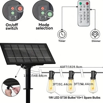 60FT Solar String Lights With USB Port & Remote Control