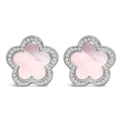14K White Gold Mother of Pearl and 1/5 Cttw Diamond Halo Star Stud Earrings