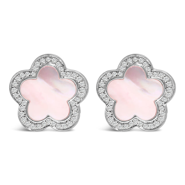 14K White Gold Mother of Pearl and 1/5 Cttw Diamond Halo Star Stud Earrings