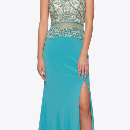 Juliet 617 Embellished Bodice Sheer Midriff Evening Gown