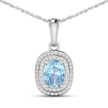 1.35 Carat Genuine Aquamarine and White Diamond 14K White Gold Pendant