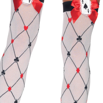 Woven Diamond Card Suit Thighs High with Bow and Card Charm Applique - Wh/Rd/B - O/S