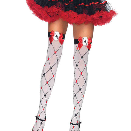 Woven Diamond Card Suit Thighs High with Bow and Card Charm Applique - Wh/Rd/B - O/S