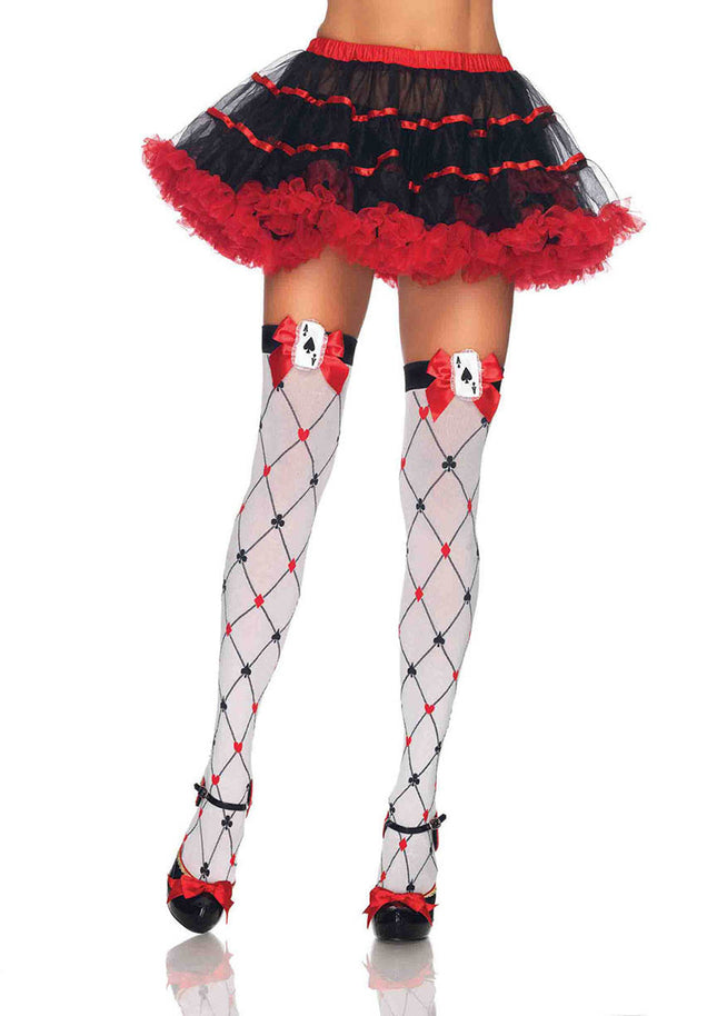 Woven Diamond Card Suit Thighs High with Bow and Card Charm Applique - Wh/Rd/B - O/S