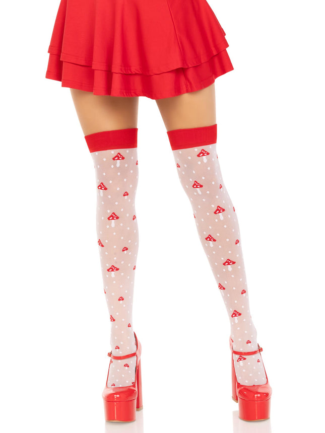 Spandex Sheer Polka Dot Mushroom Thigh Highs - Wh/Rd - O/S