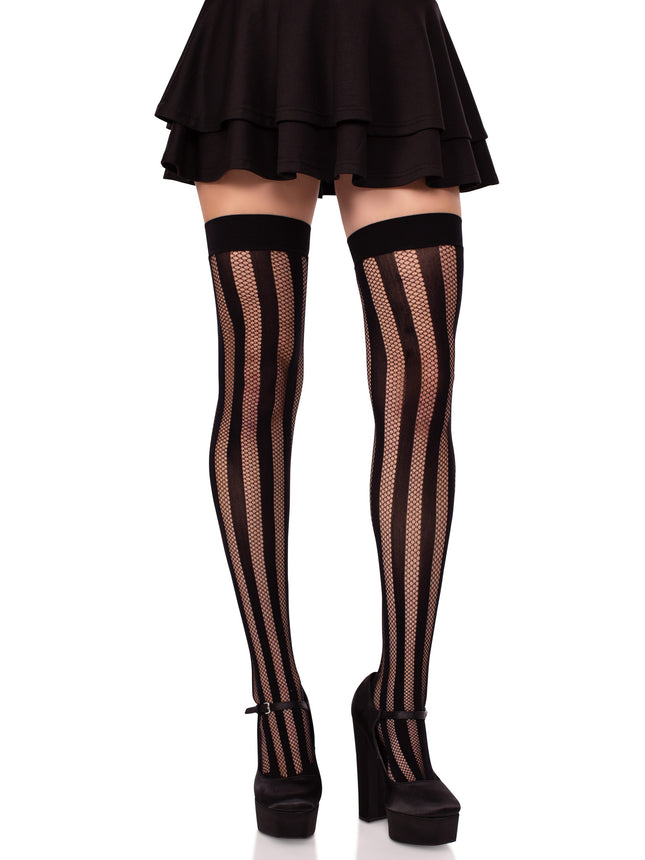 Net and Opaque Striped Thigh Highs - Black - O/S
