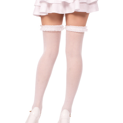 Lace Garter Sheer Striped Thigh Highs with Satin Bow Accent - White - O/S