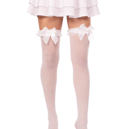 Lace Garter Sheer Striped Thigh Highs with Satin Bow Accent - White - O/S