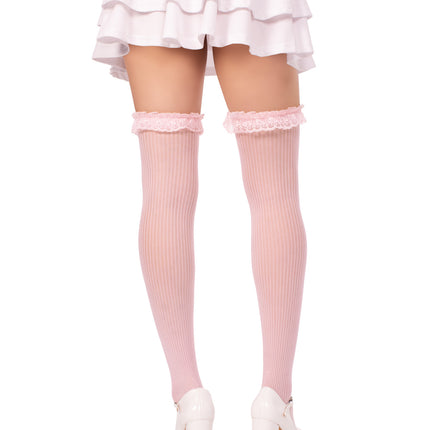 Lace Garter Sheer Striped Thigh Highs with Satin Bow Accent - Lt. Pink - O/S