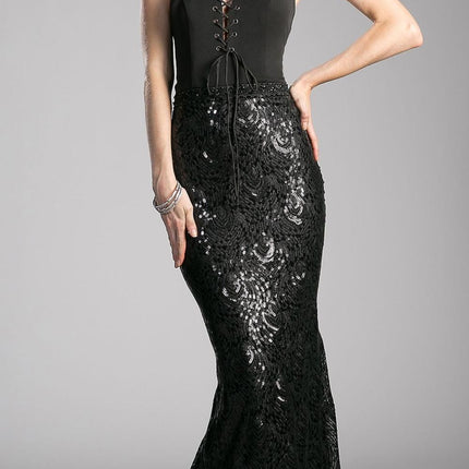 Cinderella Divine 62495 Halter Lace Up Bodice Sequins Gown Open Back