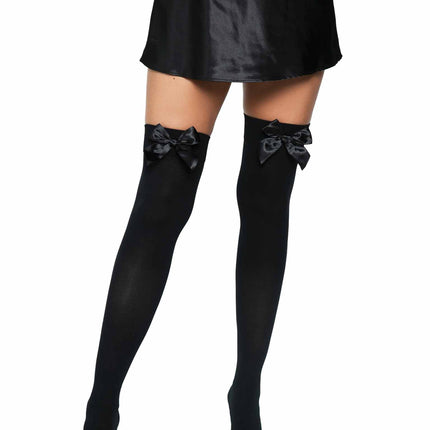 Opaque Thigh Highs with Satin Bow Accent - Black - O/S