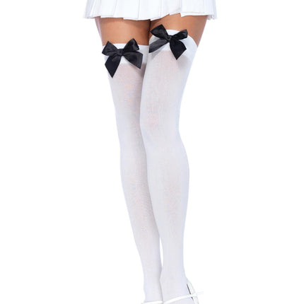 Opaque Thigh Highs with Satin Bow Accent - White/Blk - O/S