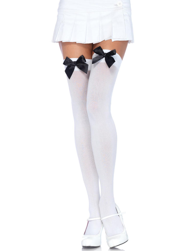 Opaque Thigh Highs with Satin Bow Accent - White/Blk - O/S