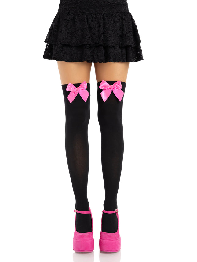 Opaque Thigh Highs with Satin Bow Accent - Blk/N.Pink - O/S