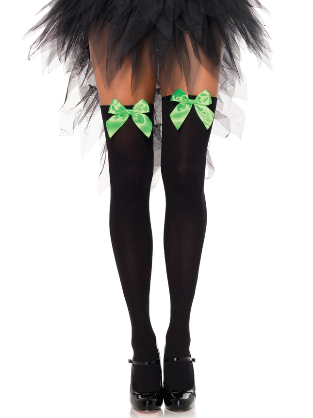 Opaque Thigh Highs with Satin Bow Accent - Black/N.Gr - O/S