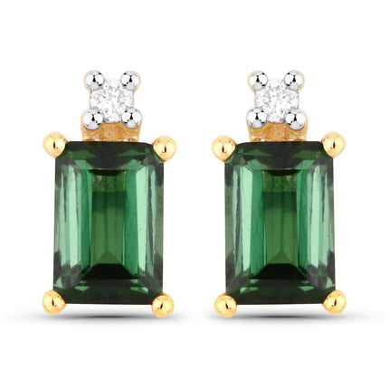 1.24 Carat Genuine Green Tourmaline and White Diamond 14K Yellow Gold Earrings