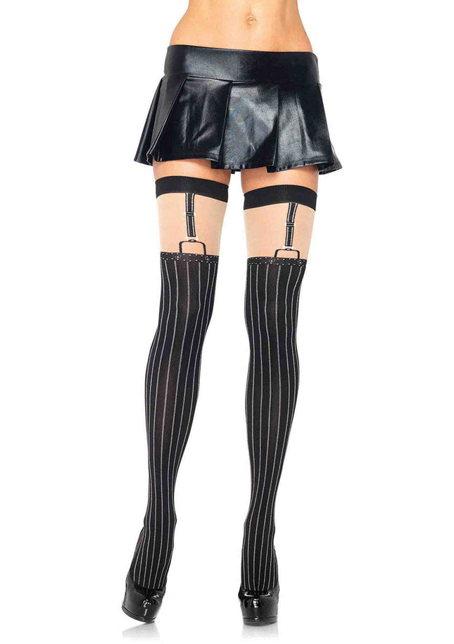 Spandex Opaque Pinstriped Suspender Thigh Highs - Black/Nude - O/S