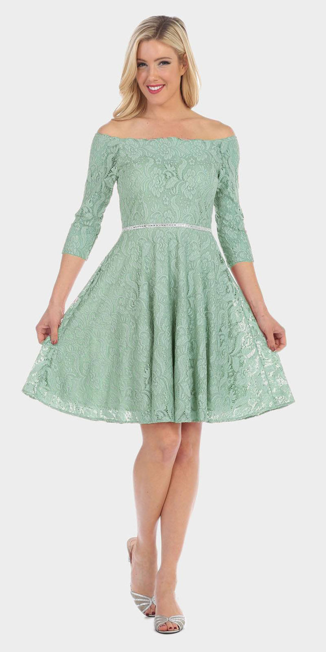 CLEARANCE - Celavie 6343S Off-the-Shoulder Short Lace A-Line Dress (Size XL)