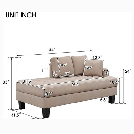 64" Deep Tufted Upholstered Textured Fabric Chaise Lounge Toss Pillow Included