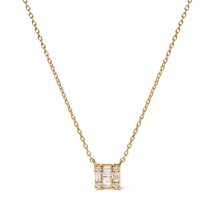 10K Yellow Gold 1/10 Cttw Round and Baguette Diamond Mosaic Composite Square 18" Inch Pendant Necklace (H-I Color, I1-I2 Clarity)