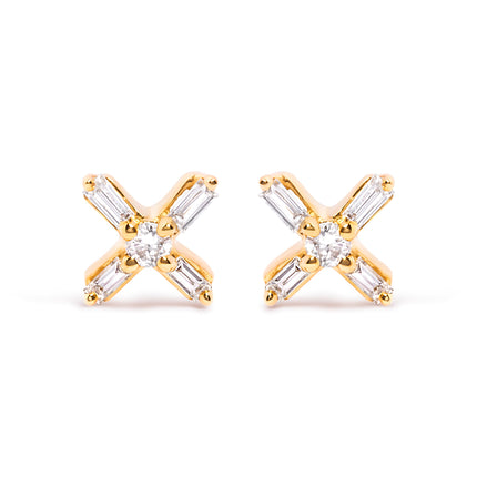 10K Yellow Gold 1/10 Cttw Round and Baguette Diamond Criss Cross X Stud Earring (H-I Color, I1-I2 Clarity)