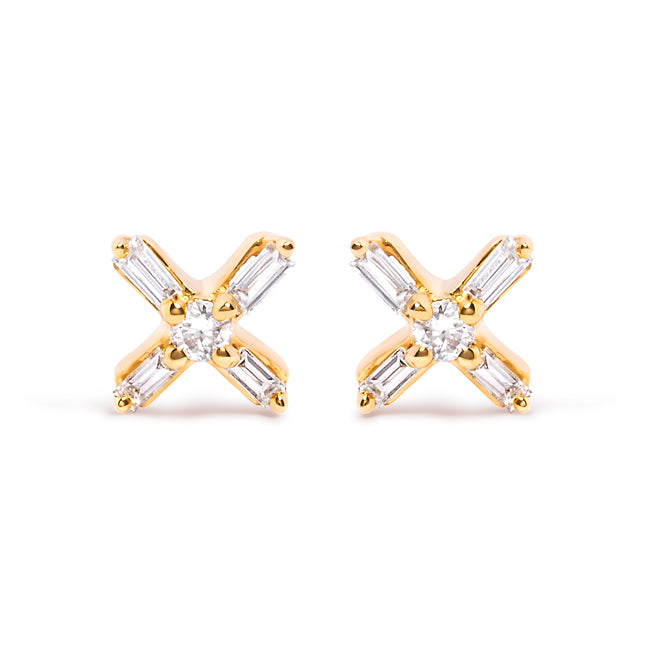 10K Yellow Gold 1/10 Cttw Round and Baguette Diamond Criss Cross X Stud Earring (H-I Color, I1-I2 Clarity)