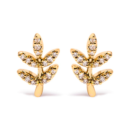 10K Yellow Gold 1/10 Cttw Diamond Accented Leaf and Branch Stud Earrings (H-I Color, I1-I2 Clarity)