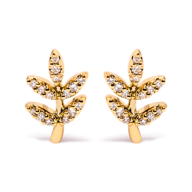 10K Yellow Gold 1/10 Cttw Diamond Accented Leaf and Branch Stud Earrings (H-I Color, I1-I2 Clarity)
