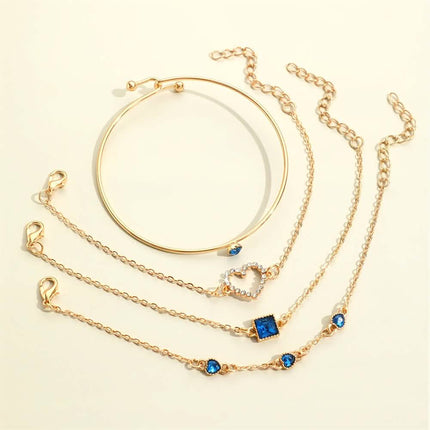 4pcs Rhinestone Alloy Bracelet Set – Minimalist Heart & Square Design