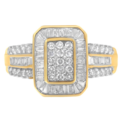 10K Yellow Gold Round and Baguette-Cut Diamond Cluster Ring (1.0 Cttw, I-J Color, SI1-SI2 Clarity) - Size 7