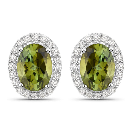 1.92 Carat Genuine Green Tourmaline and White Diamond 14K White Gold Earrings