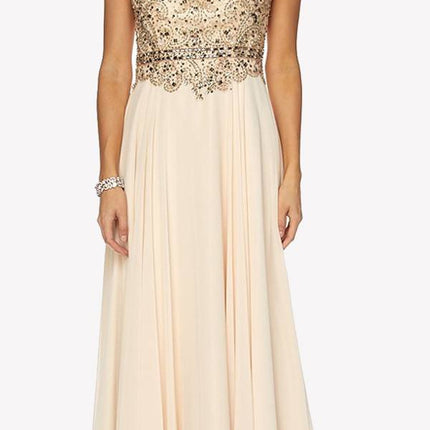 Juliet 657 Cap Sleeves Beaded Bodice A-line Long Dress