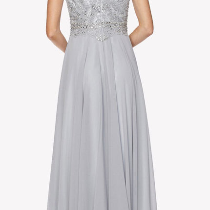 Juliet 657 Cap Sleeves Beaded Bodice A-line Long Dress