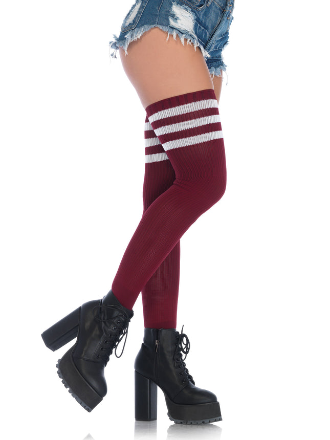 3 Stripes Athletic Ribbed Thigh Highs - Burgundy - O/S