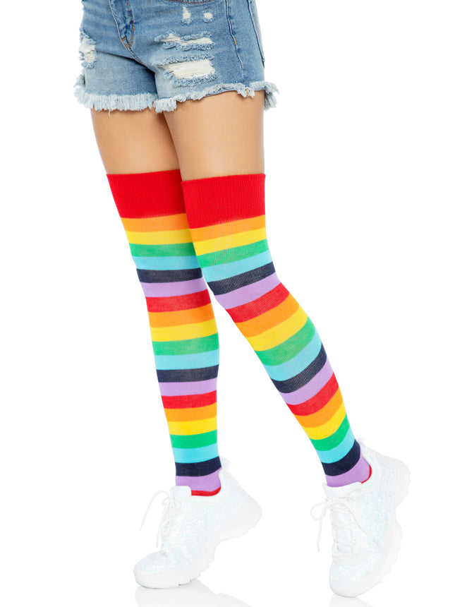 Spandex Acrylic Rainbow Striped Thigh Highs - Multicolor - O/S
