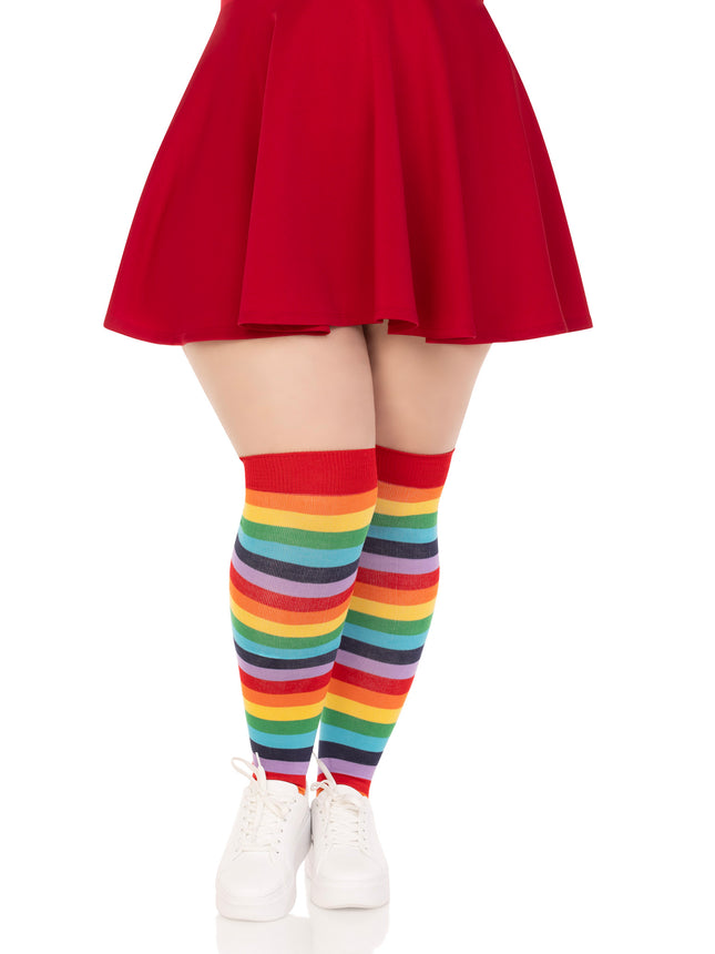 Plus Size Spandex Acrylic Rainbow Striped Thigh Highs - Multicolor - 1X-2X