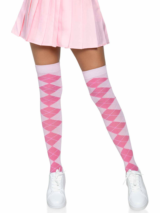 Argyle Knit Over the Knee Socks - Pink - O/S