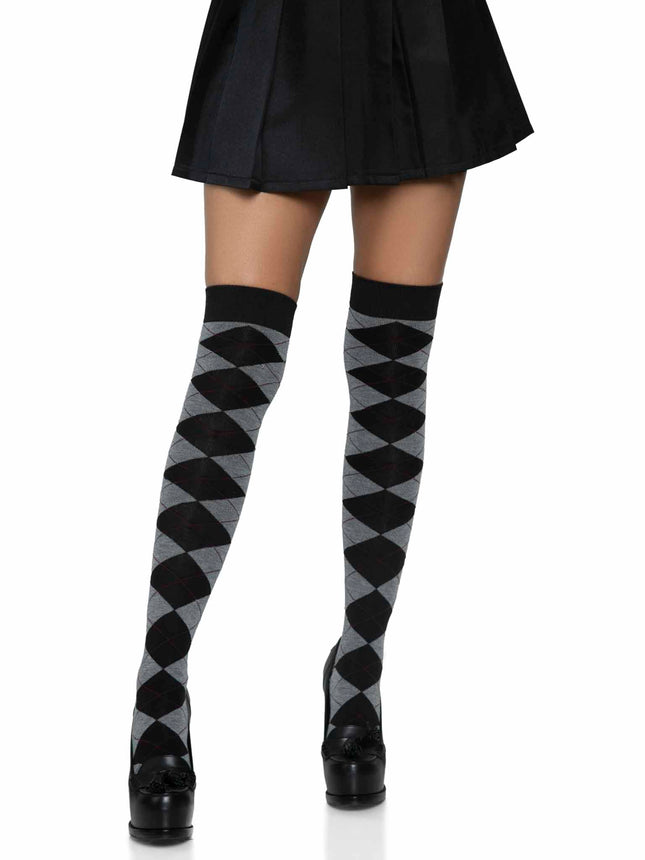 Argyle Knit Over the Knee Socks - Grey - O/S
