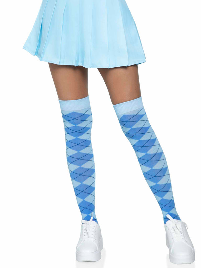 Argyle Knit Over the Knee Socks - Blue - O/S